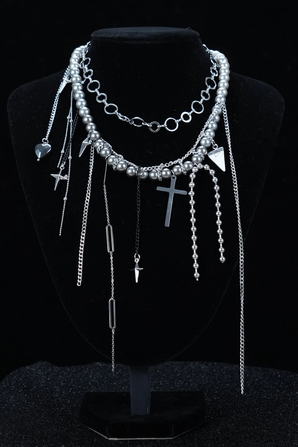 Y2K Symbol Charm Layered Necklace – Silver Chains with Cross, Triangle & Heart Pendants