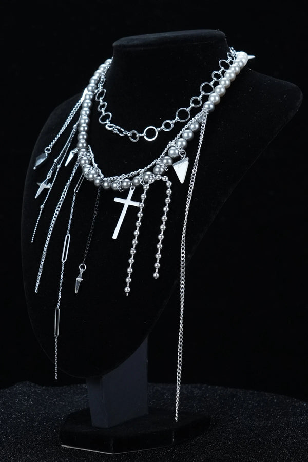 Y2K Symbol Charm Layered Necklace – Silver Chains with Cross, Triangle & Heart Pendants