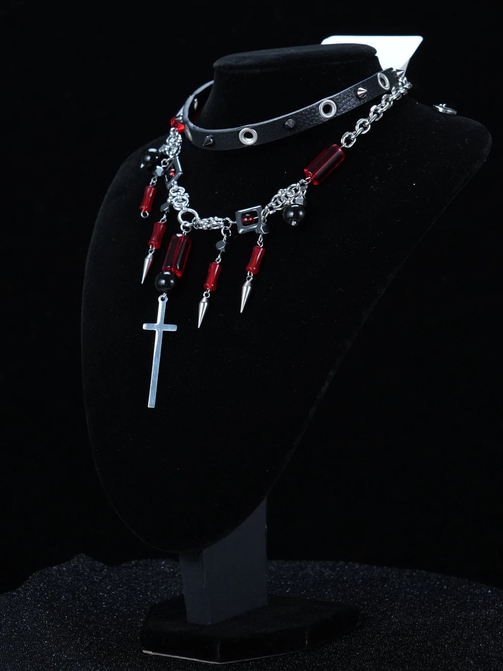 Y2K Gothic Layered Necklace – Black Leather Choker with Spikes, Chains & Cross Pendant