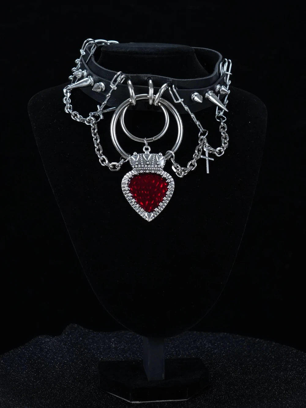 Y2K Gothic Heart Choker – Black Leather Necklace with Spikes, Chains & Red Gem Pendant