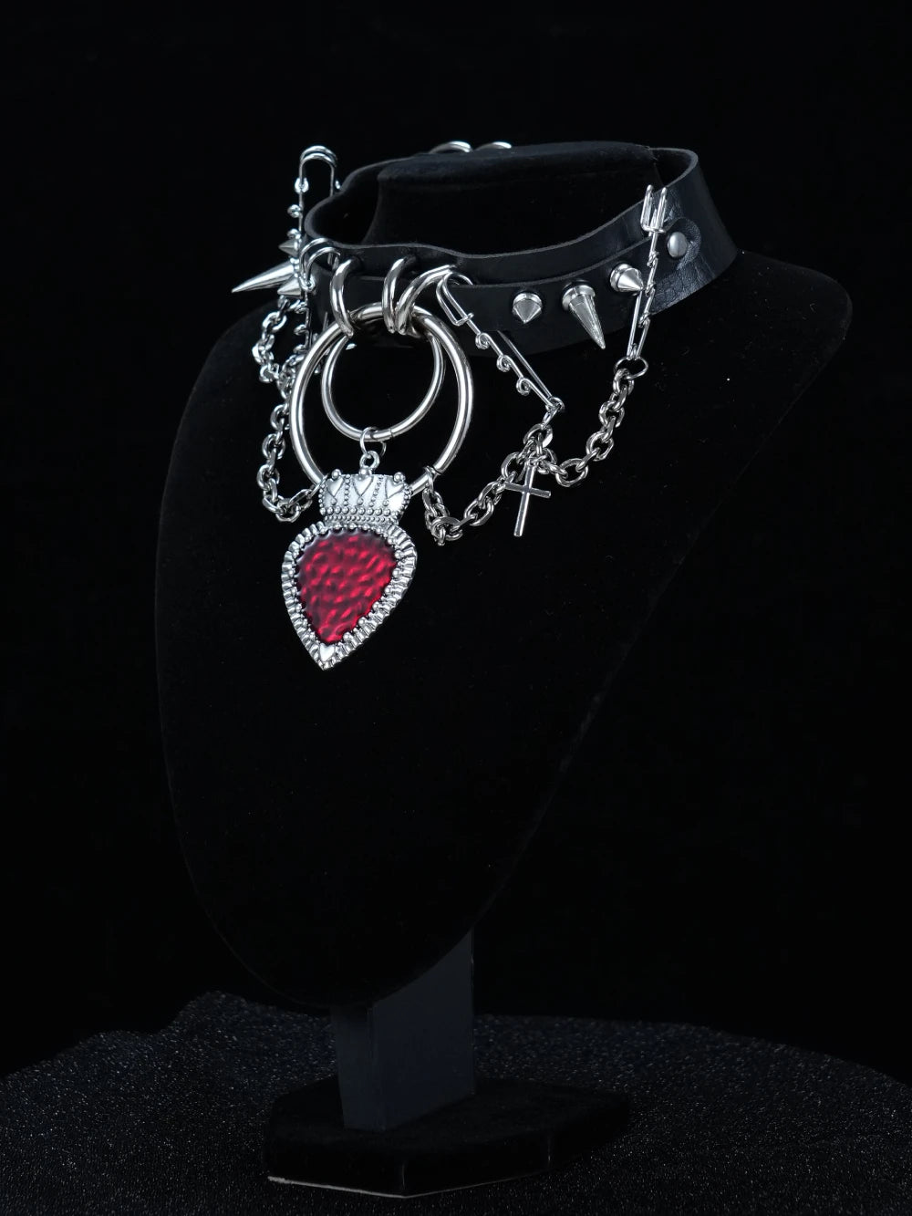 Y2K Gothic Heart Choker – Black Leather Necklace with Spikes, Chains & Red Gem Pendant