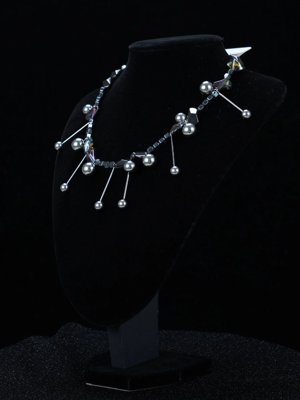 Y2K Iridescent Stone Drop Necklace – Silver Beaded Chains with Shimmering Light-Reflective Stones