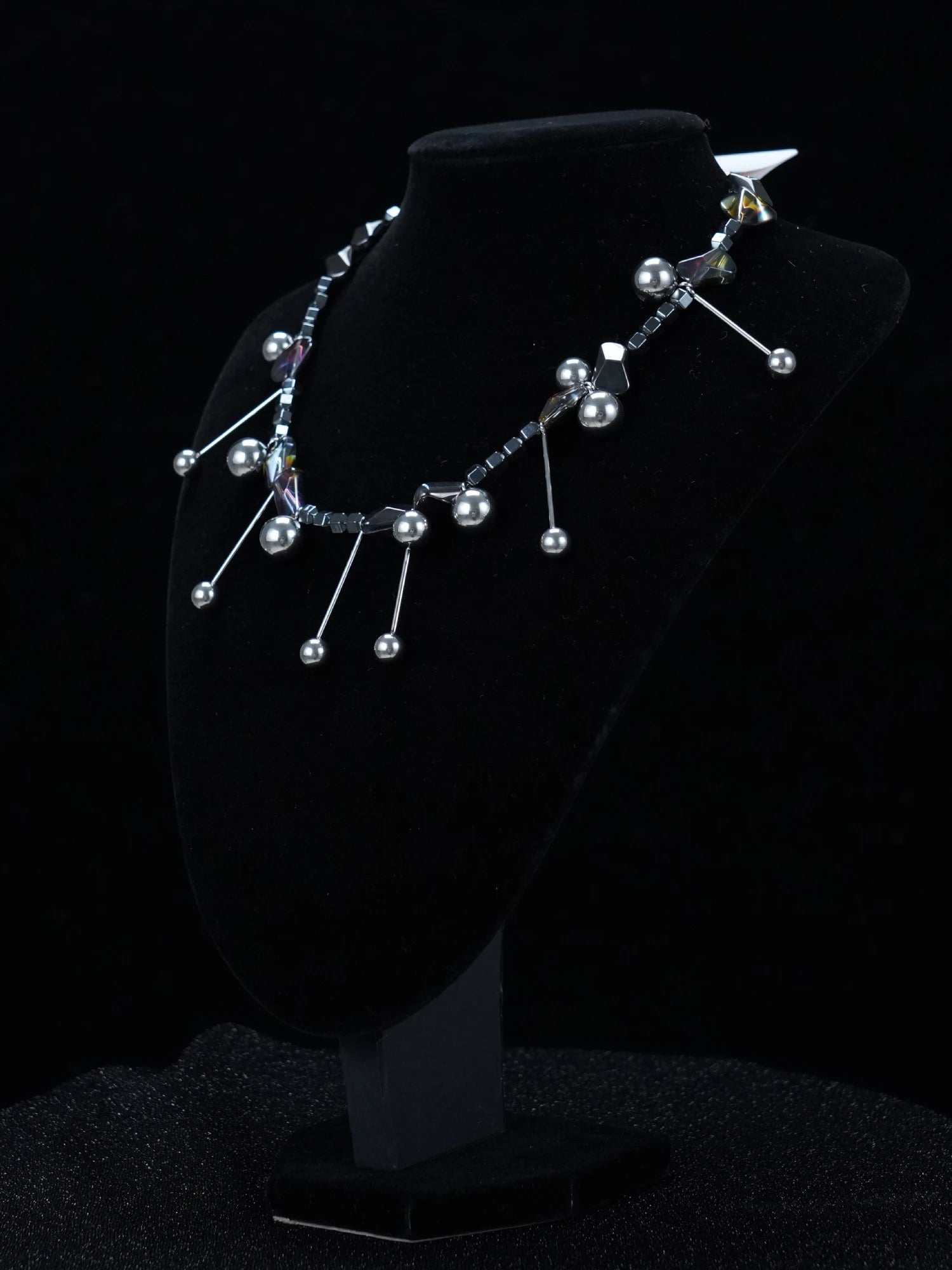 Y2K Iridescent Stone Drop Necklace – Silver Beaded Chains with Shimmering Light-Reflective Stones