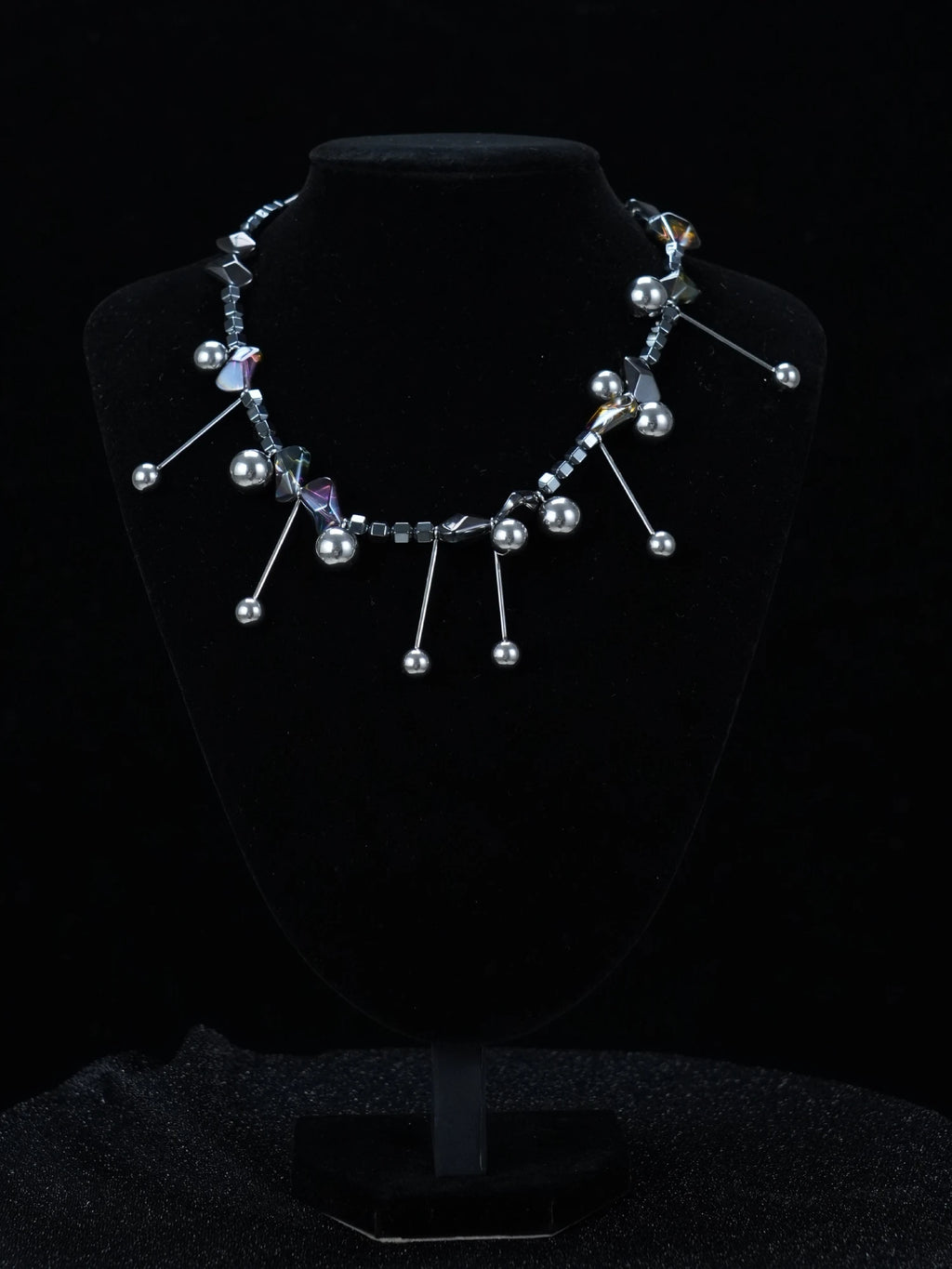 Y2K Iridescent Stone Drop Necklace – Silver Beaded Chains with Shimmering Light-Reflective Stones