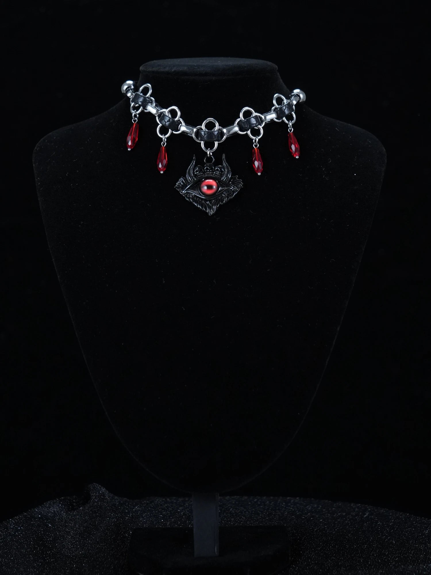 Y2K Evil Eye Choker – Silver Gothic Necklace with Red Tear Drop Crystals