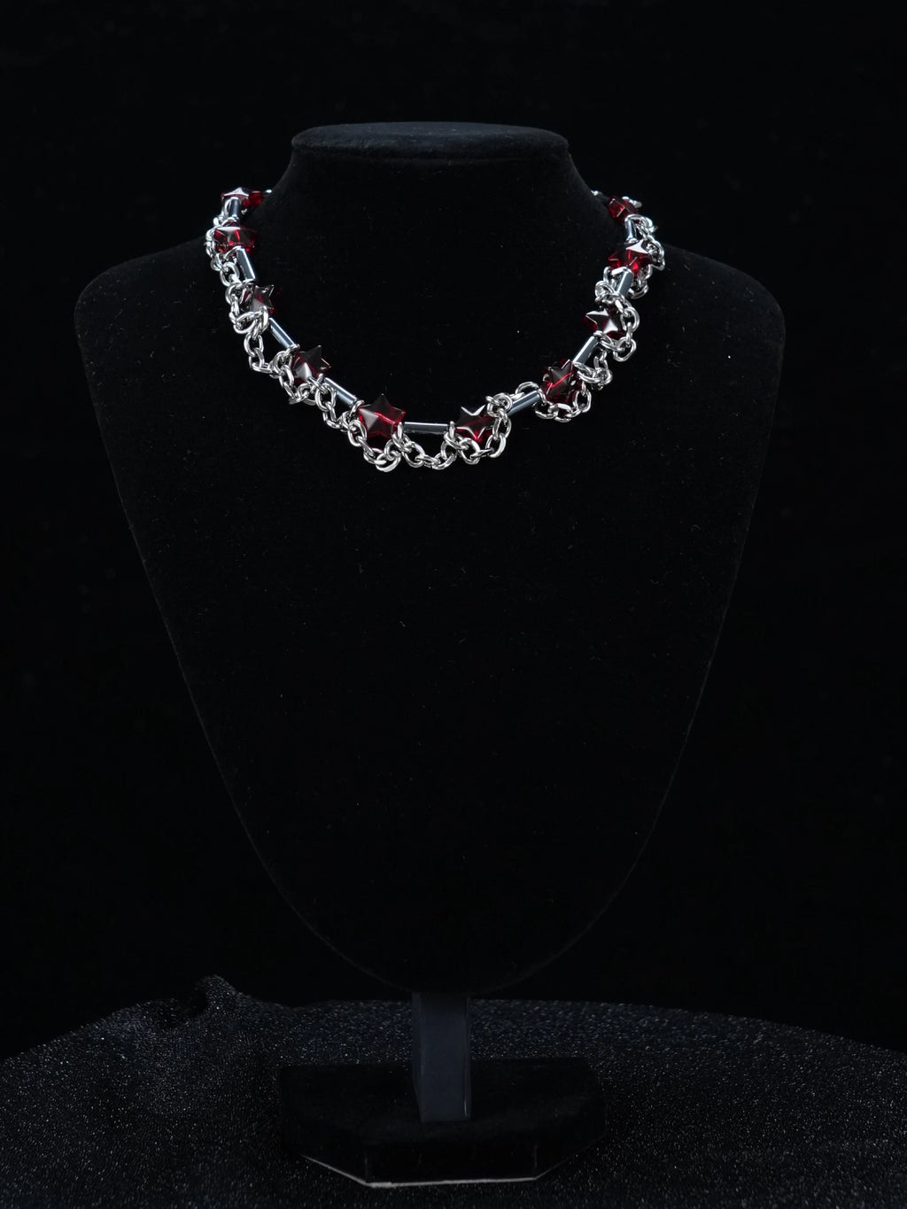 Y2K Silver Chain Necklace – Gothic Red Gemstone Statement Choker