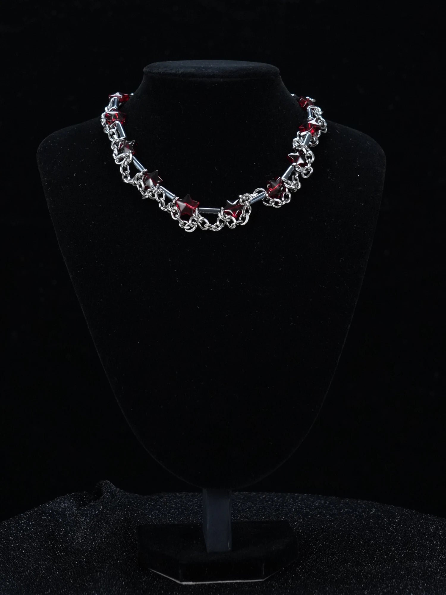 Y2K Silver Chain Necklace – Gothic Red Gemstone Statement Choker