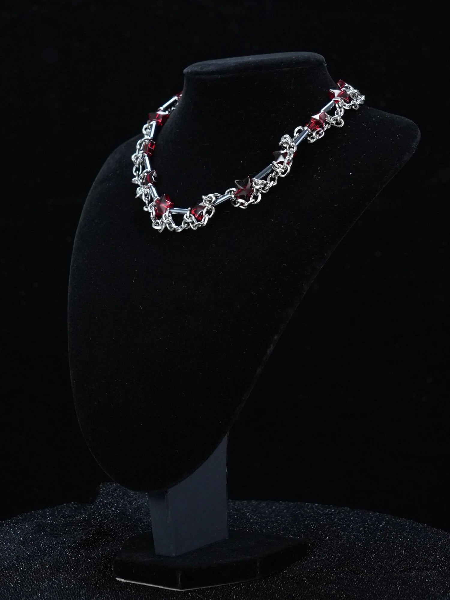 Y2K Silver Chain Necklace – Gothic Red Gemstone Statement Choker