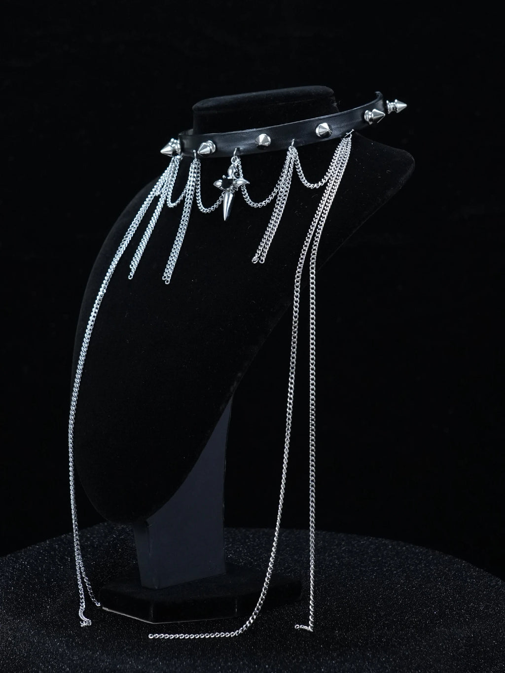 Y2K Black Leather Spike Choker – Gothic Metal Tassel Chains with Cross Pendant