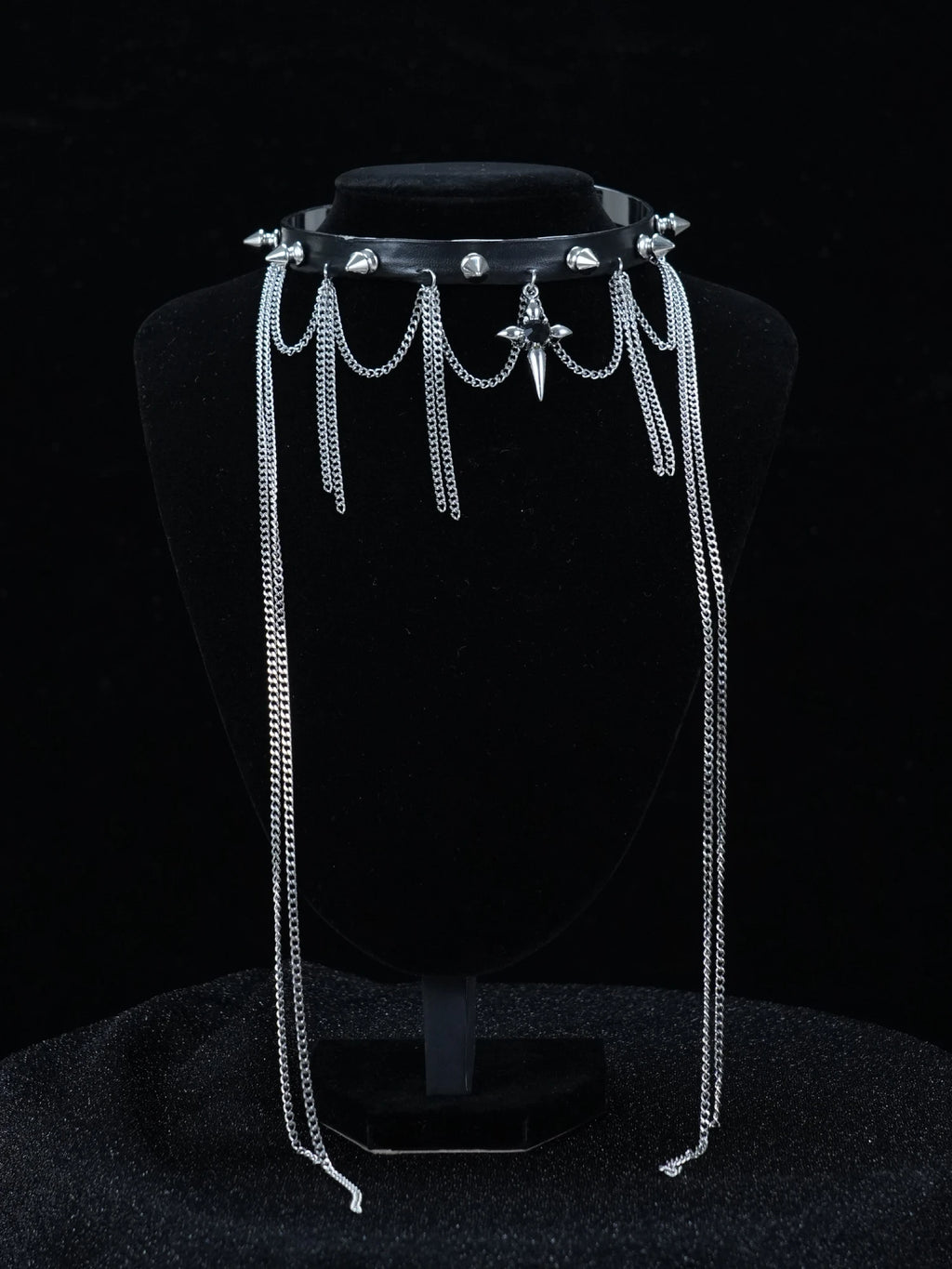 Y2K Black Leather Spike Choker – Gothic Metal Tassel Chains with Cross Pendant