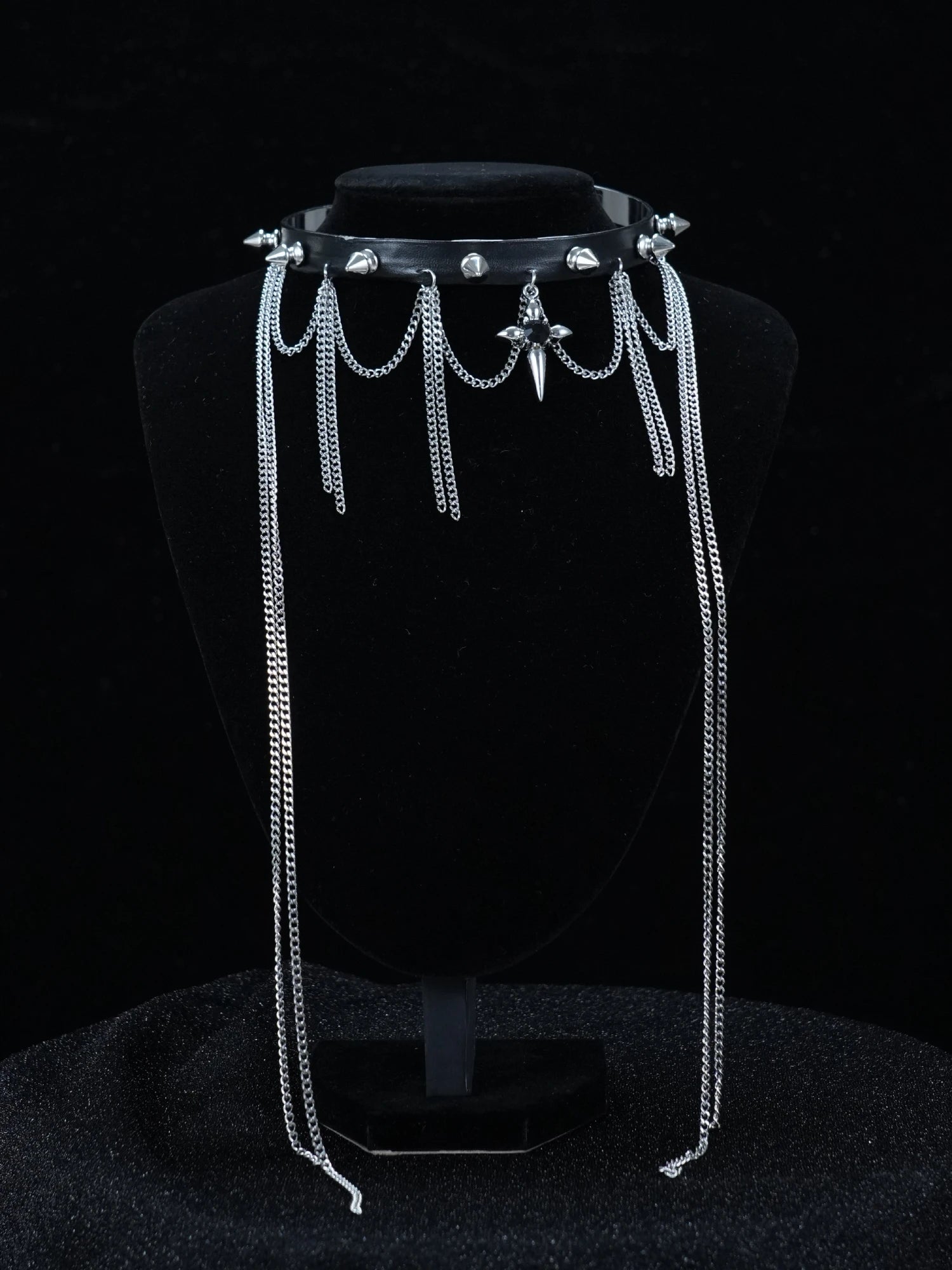 Y2K Black Leather Spike Choker – Gothic Metal Tassel Chains with Cross Pendant