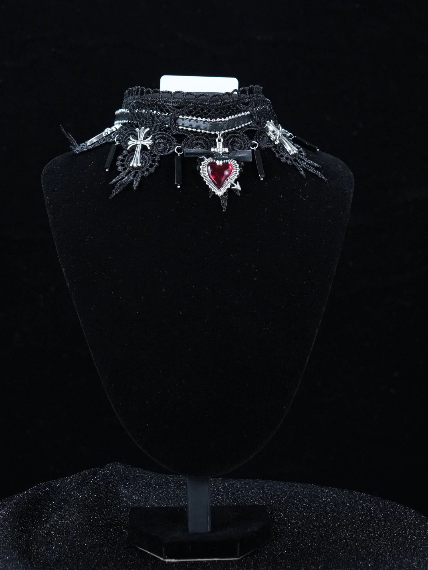 Y2K Gothic Black Lace Choker – Red Heart Pendant & Cross Charms