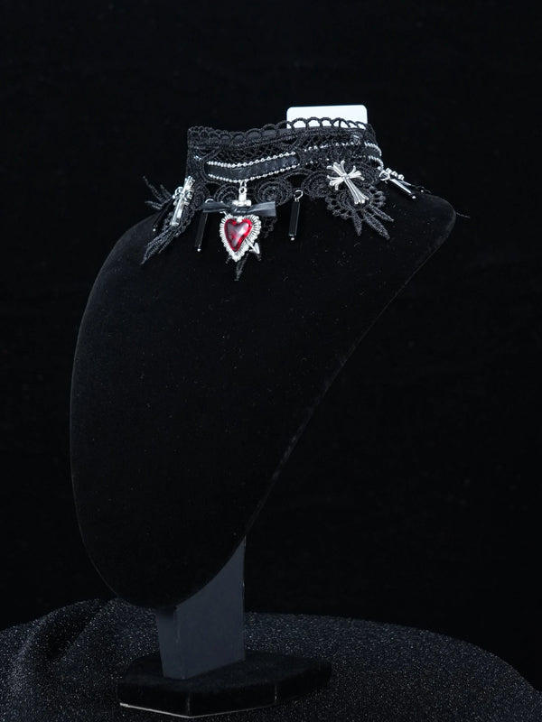 Y2K Gothic Black Lace Choker – Red Heart Pendant & Cross Charms