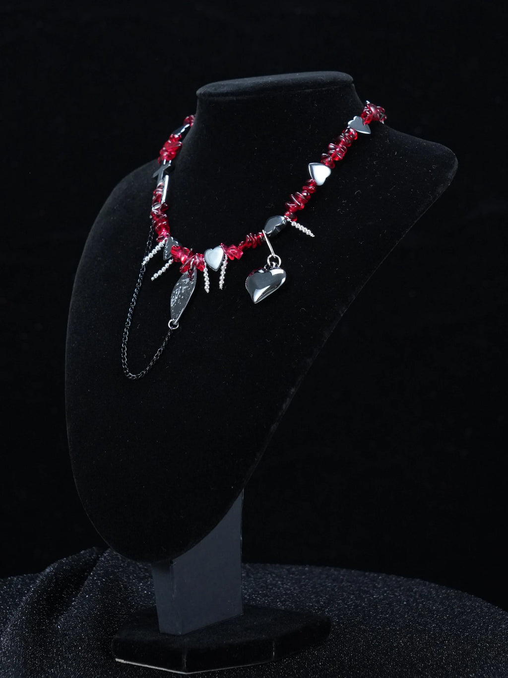 Y2K Red Beaded Gothic Necklace – Silver Charms with Cross, Heart & Leaf Accents