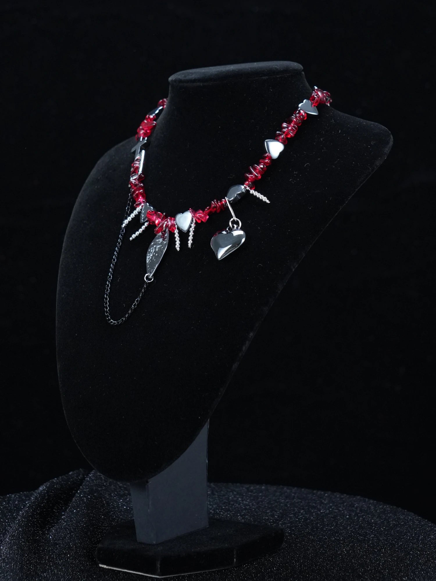 Y2K Red Beaded Gothic Necklace – Silver Charms with Cross, Heart & Leaf Accents