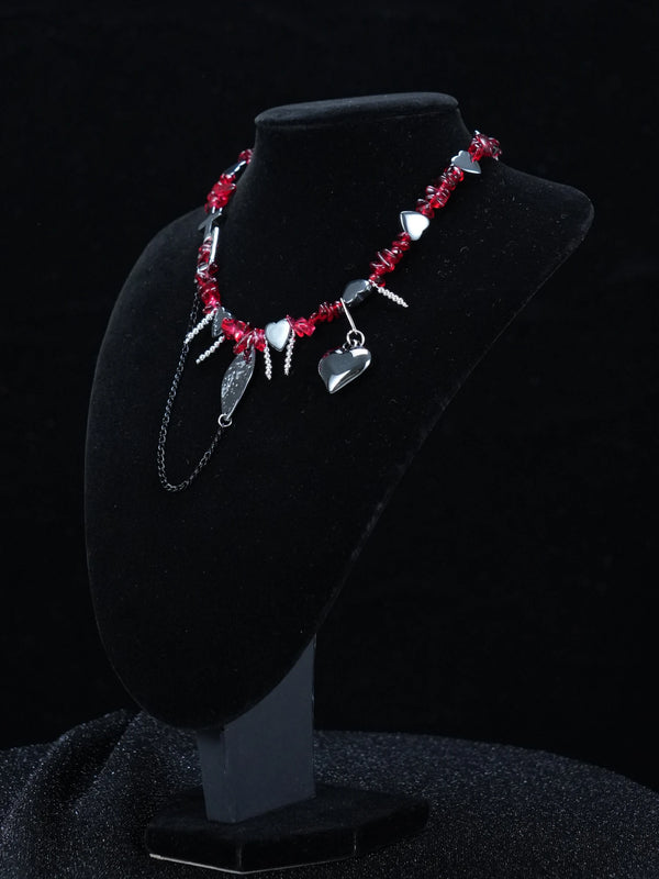 Y2K Red Beaded Gothic Necklace – Silver Charms with Cross, Heart & Leaf Accents