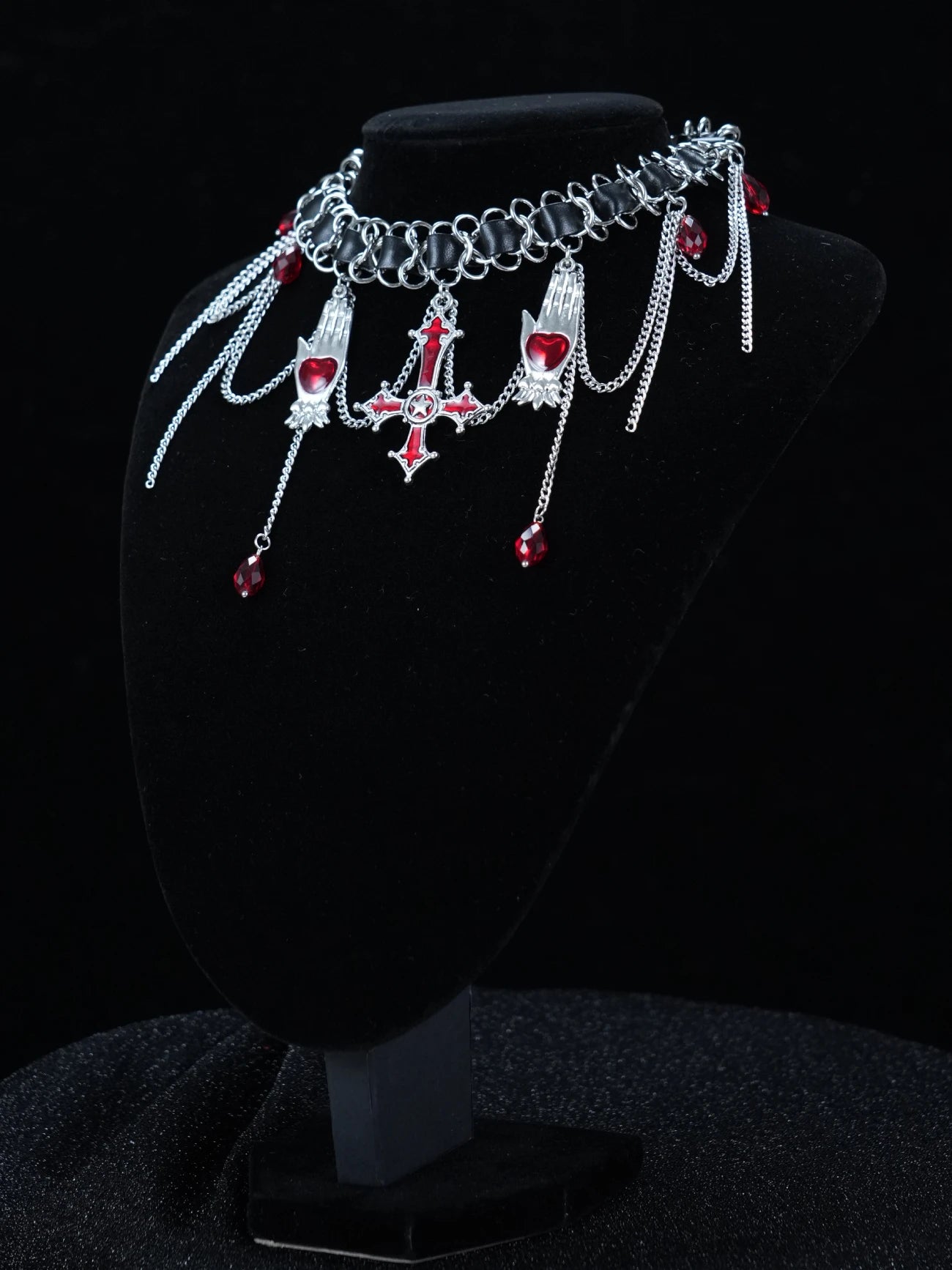 Y2K Gothic Chain & Leather Necklace – Red Gem Cross Pendant Choker