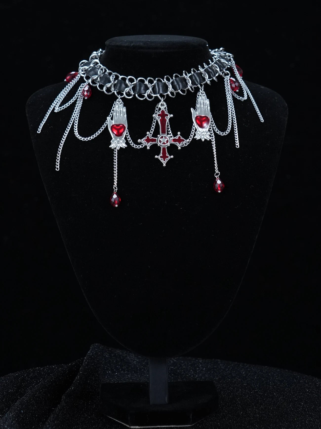 Y2K Gothic Chain & Leather Necklace – Red Gem Cross Pendant Choker