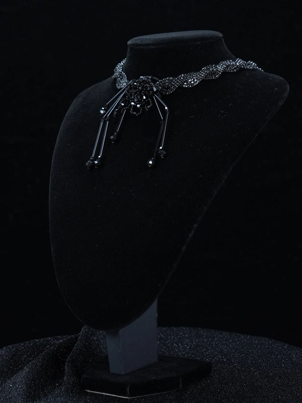 Y2K Gothic Black Beaded Spider Web Choker Necklace