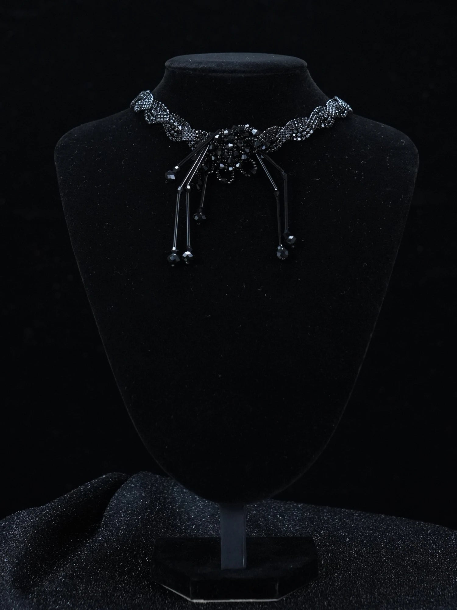 Y2K Gothic Black Beaded Spider Web Choker Necklace