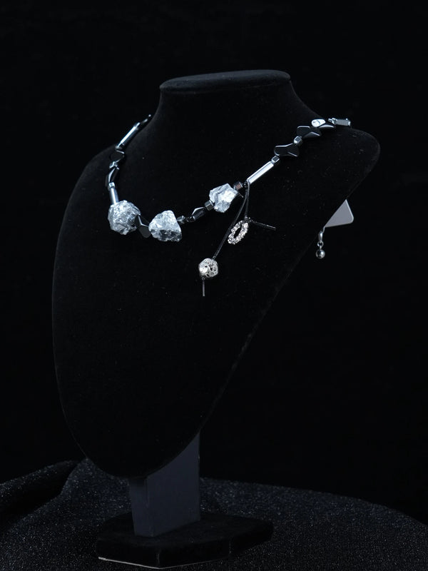 Y2K Gothic Silver & Black Stone Chain Necklace with Charms