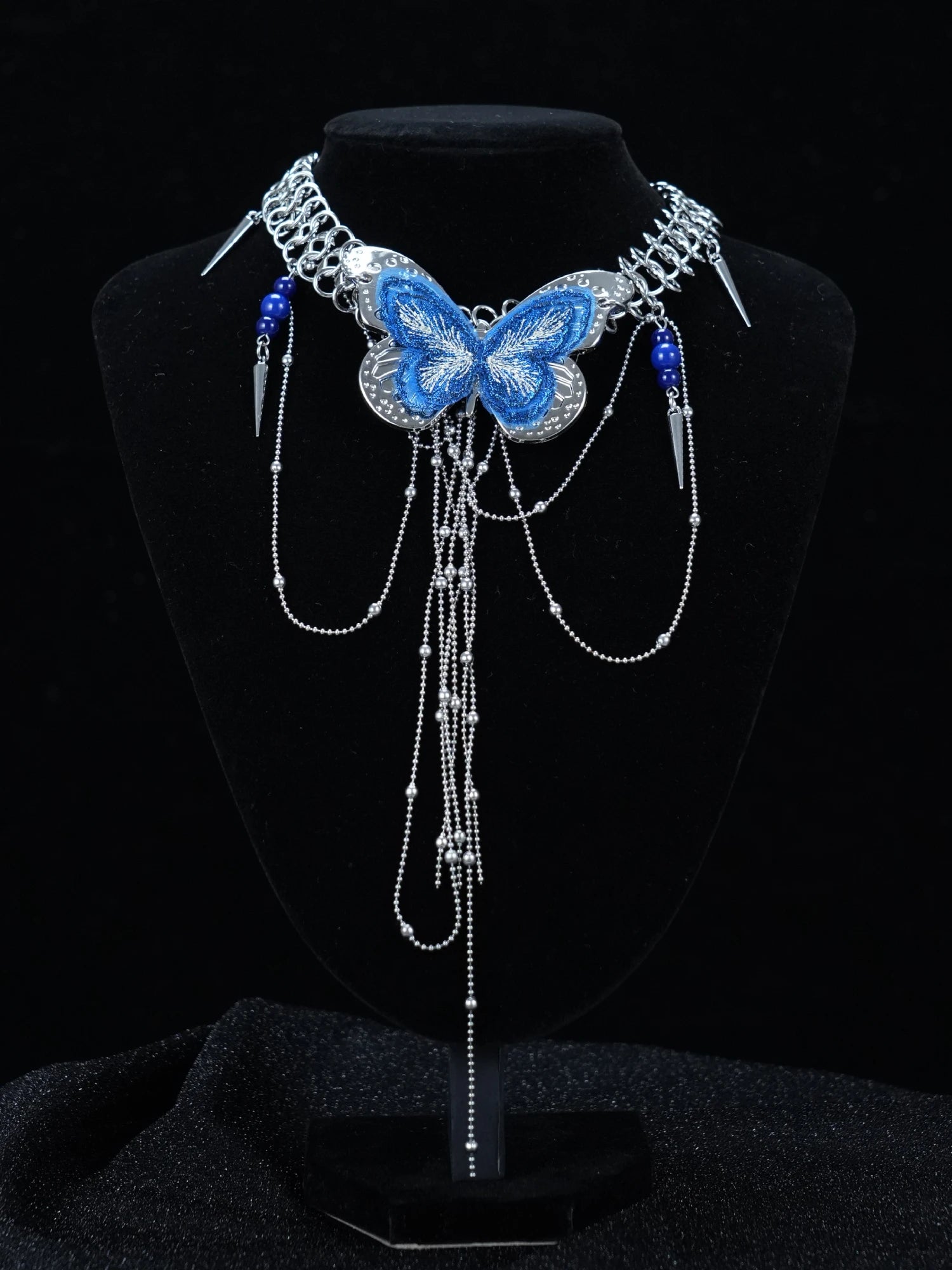 Y2K Gothic Silver Chain Necklace with Blue Butterfly & Dangling Chain