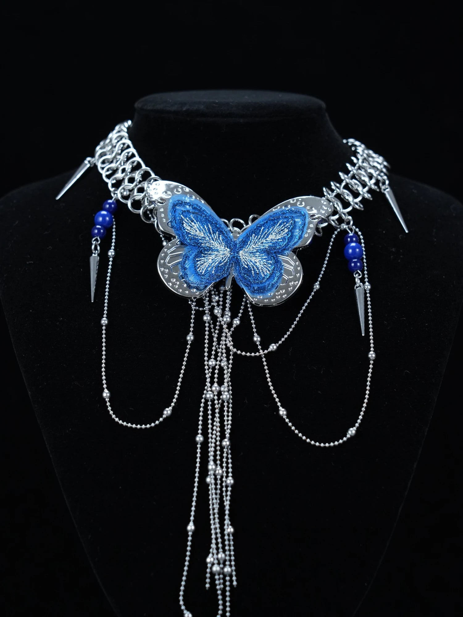 Y2K Gothic Silver Chain Necklace with Blue Butterfly & Dangling Chain