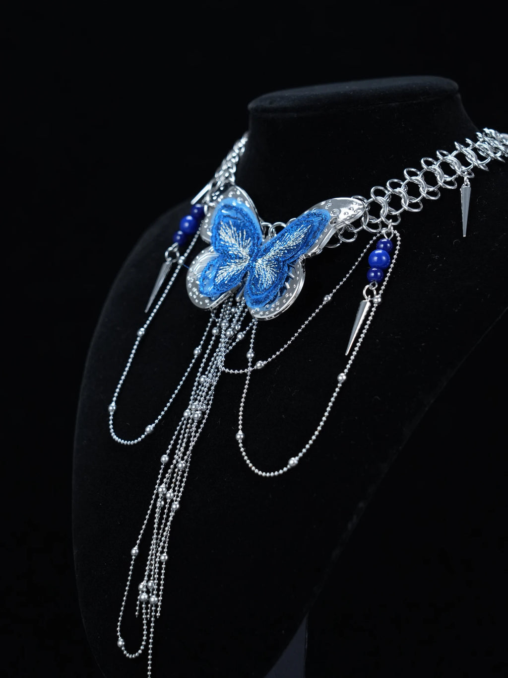 Y2K Gothic Silver Chain Necklace with Blue Butterfly & Dangling Chain