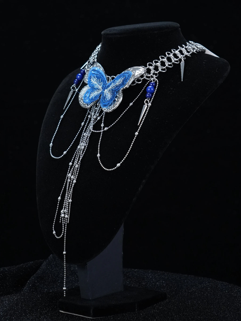 Y2K Gothic Silver Chain Necklace with Blue Butterfly & Dangling Chain