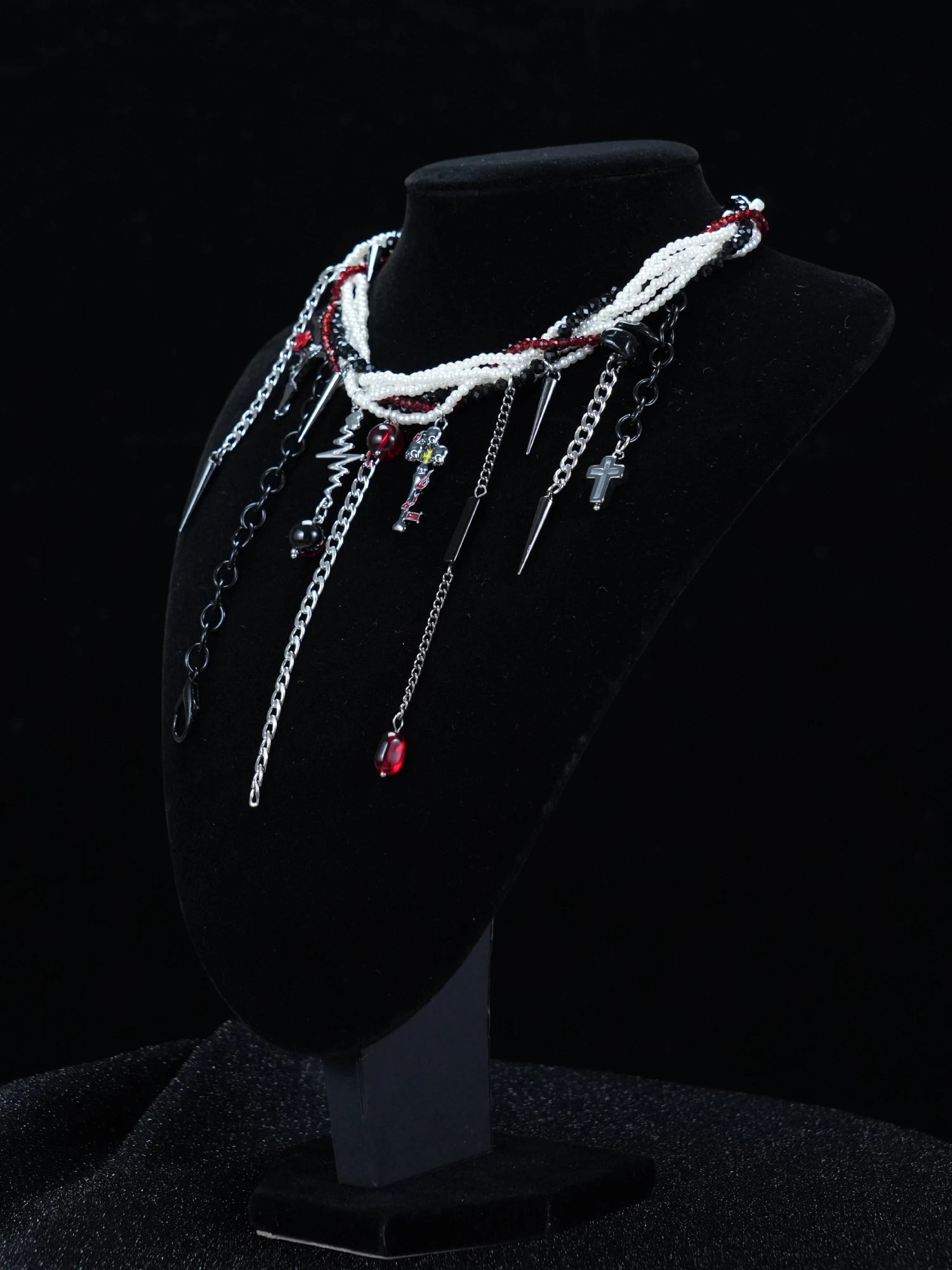 Y2K Gothic Layered Beaded Necklace with Spikes, Cross Charms & Red Gem Accents