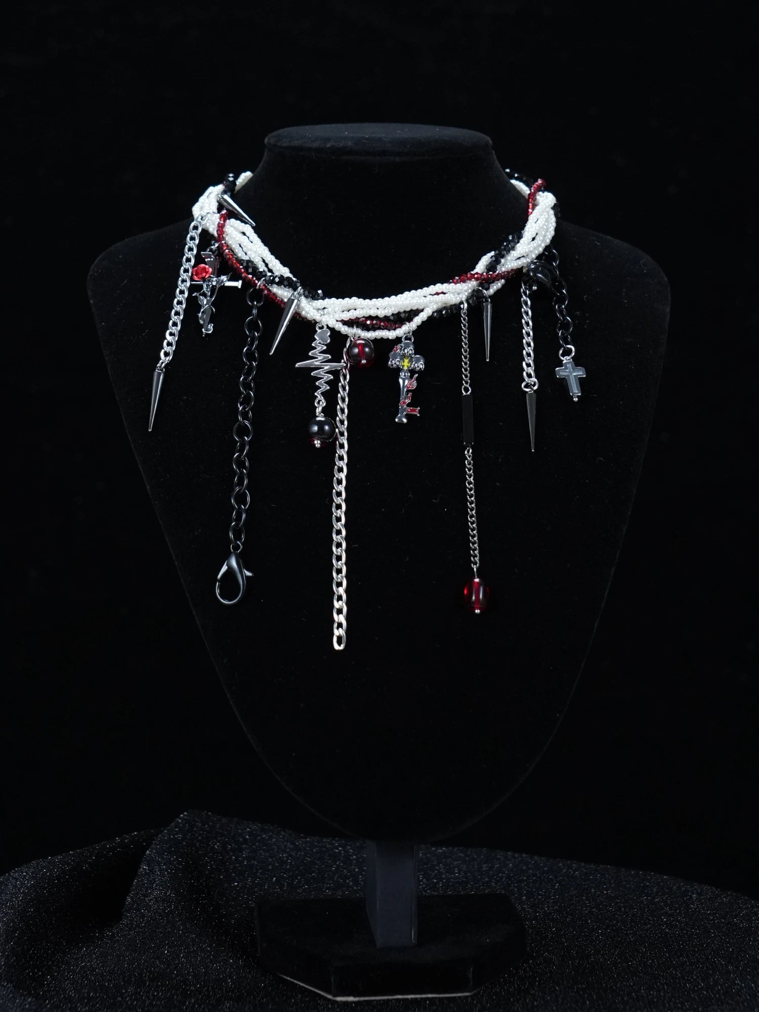 Y2K Gothic Layered Beaded Necklace with Spikes, Cross Charms & Red Gem Accents