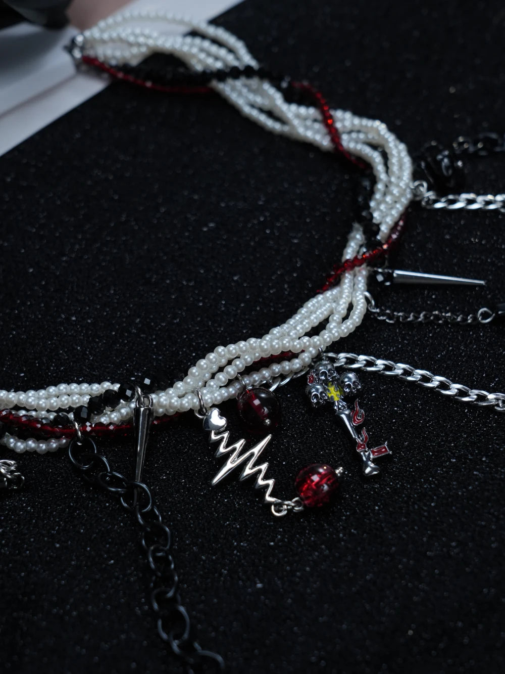 Y2K Gothic Layered Beaded Necklace with Spikes, Cross Charms & Red Gem Accents