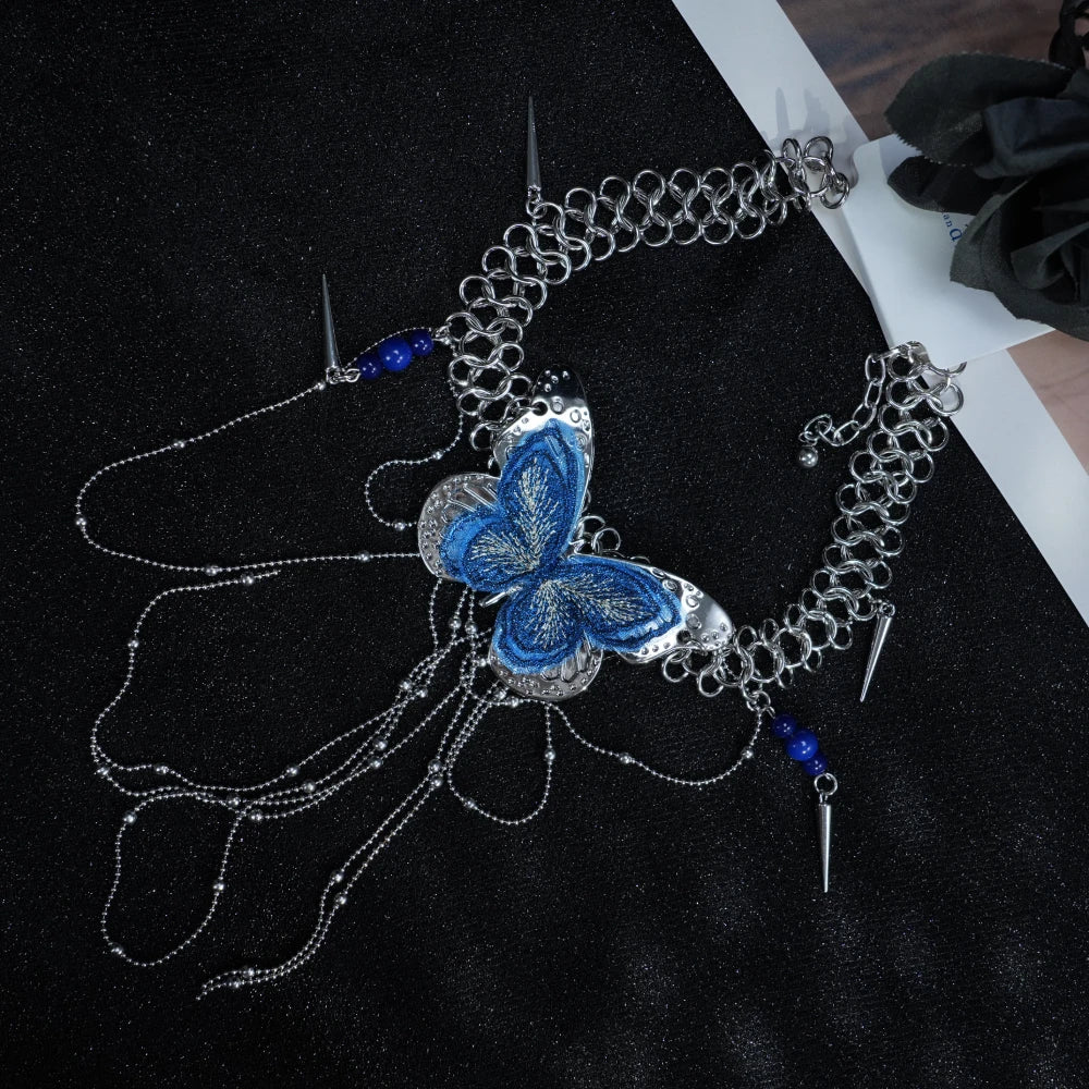 Y2K Gothic Silver Chain Necklace with Blue Butterfly & Dangling Chain