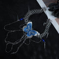 Y2K Gothic Silver Chain Necklace with Blue Butterfly & Dangling Chain