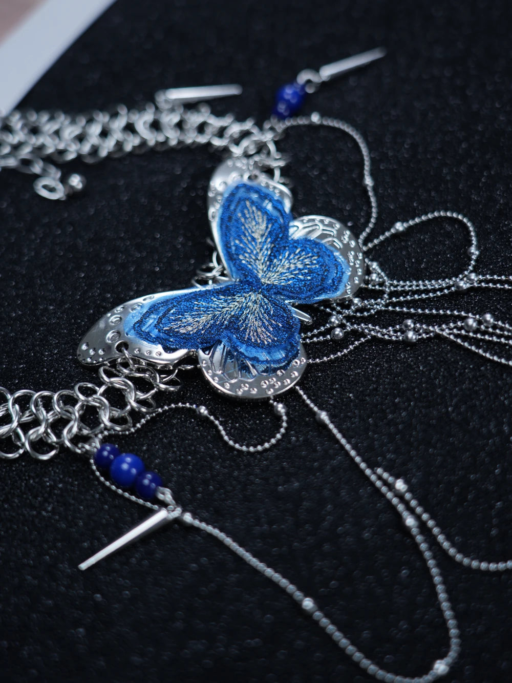 Y2K Gothic Silver Chain Necklace with Blue Butterfly & Dangling Chain