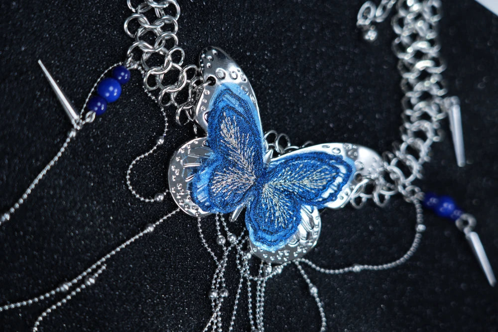 Y2K Gothic Silver Chain Necklace with Blue Butterfly & Dangling Chain