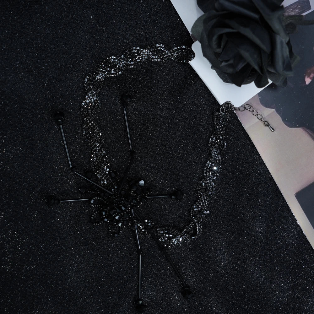 Y2K Gothic Black Beaded Spider Web Choker Necklace