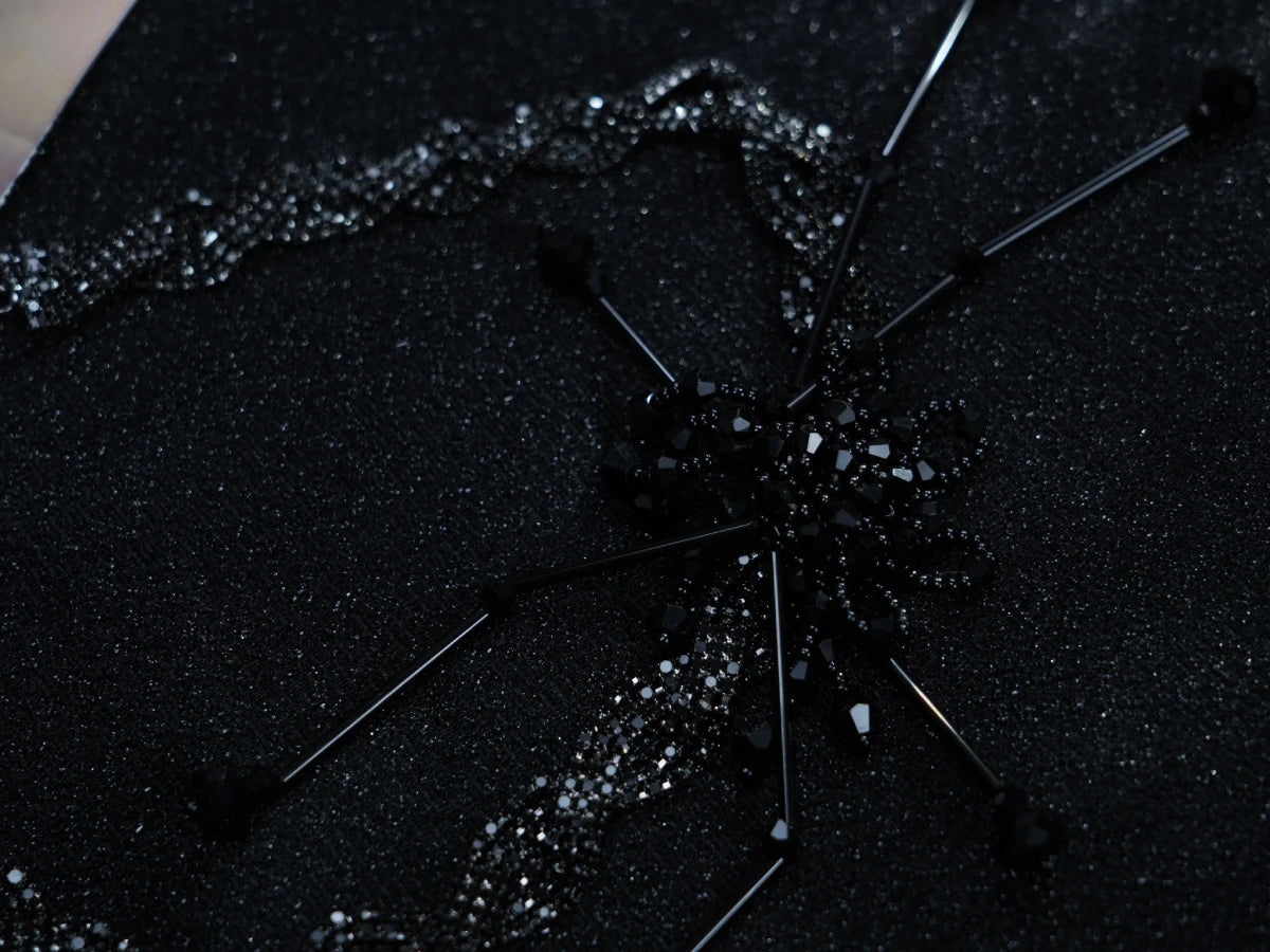 Y2K Gothic Black Beaded Spider Web Choker Necklace