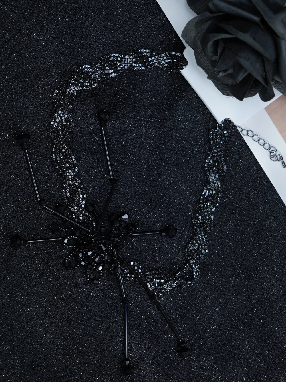 Y2K Gothic Black Beaded Spider Web Choker Necklace