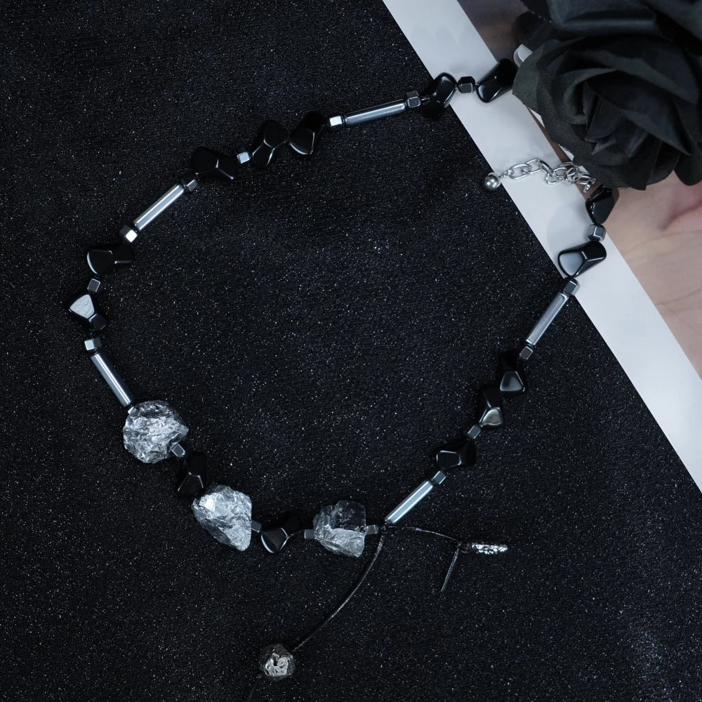 Y2K Gothic Silver & Black Stone Chain Necklace with Charms