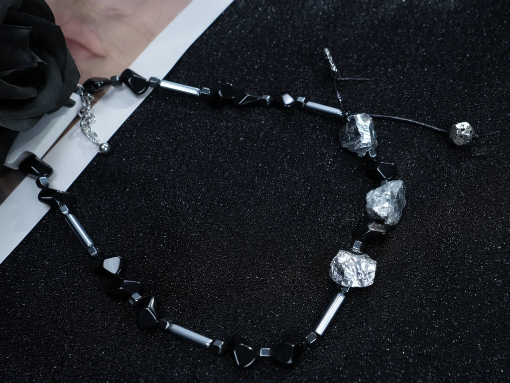 Y2K Gothic Silver & Black Stone Chain Necklace with Charms