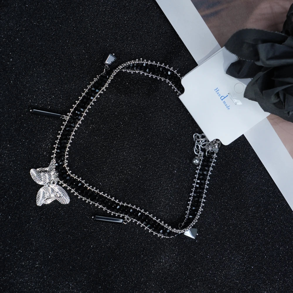 Y2K Black & White Beaded Butterfly Necklace – Minimalism Gothic Choker