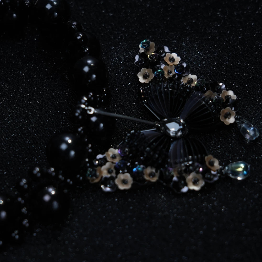 Y2K Gothic Black Pearl Bow Choker – Dark Aesthetic Necklace with Butterfly Pendant