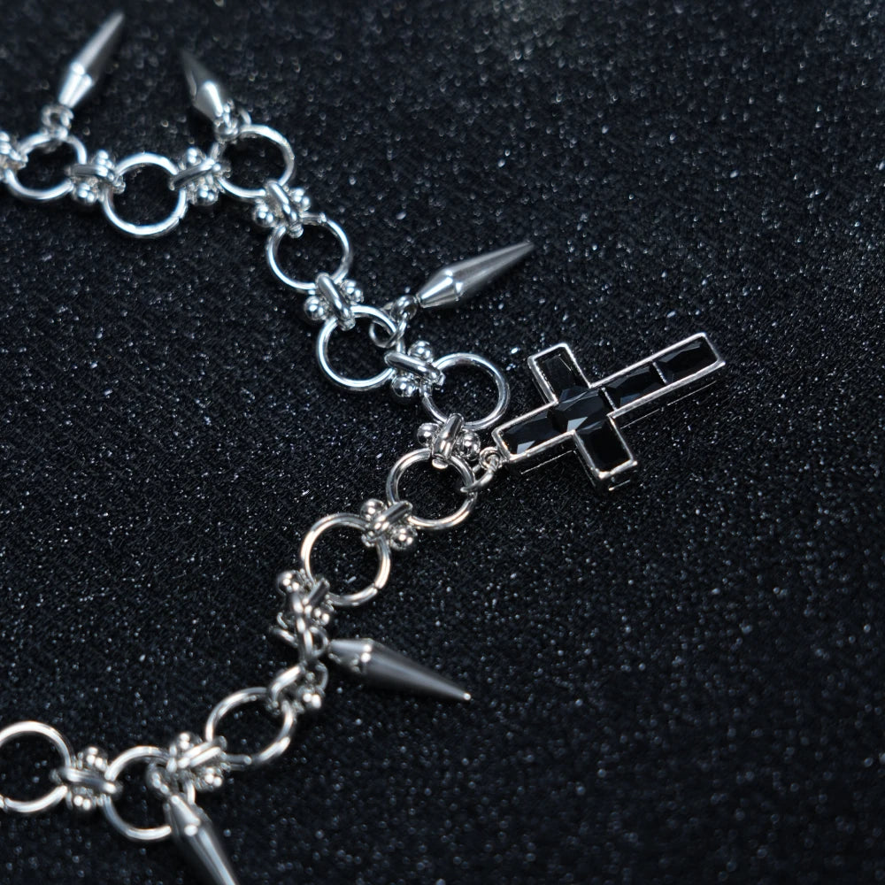 Y2K Minimalist Silver Cross Necklace – Spiked Pendant Gothic Chain