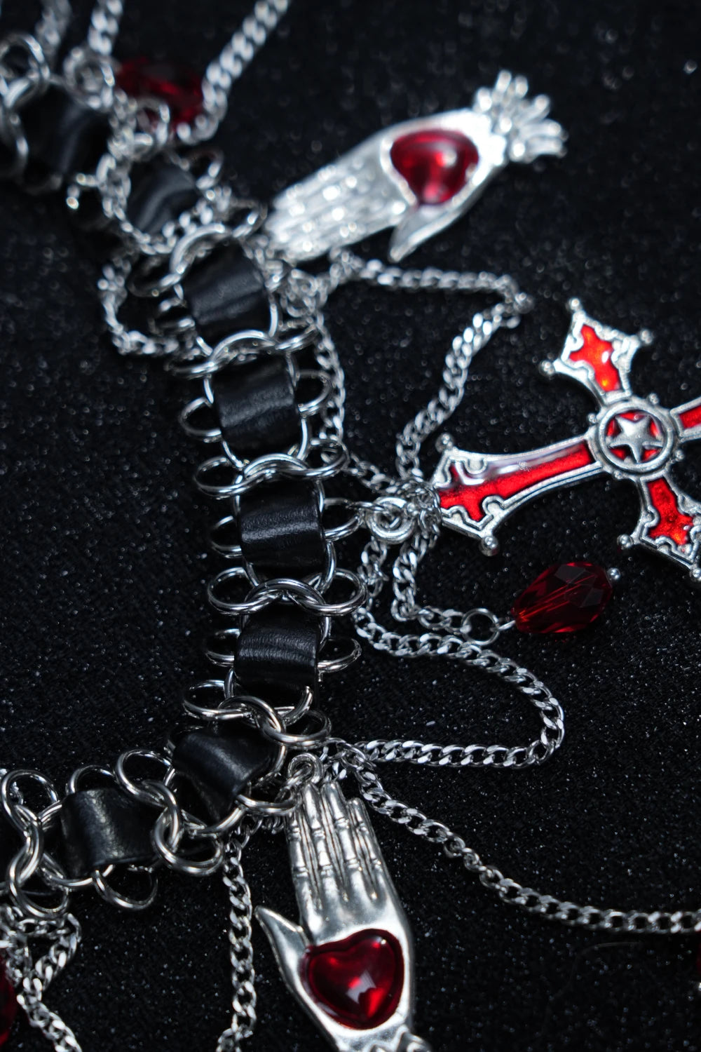 Y2K Gothic Chain & Leather Necklace – Red Gem Cross Pendant Choker