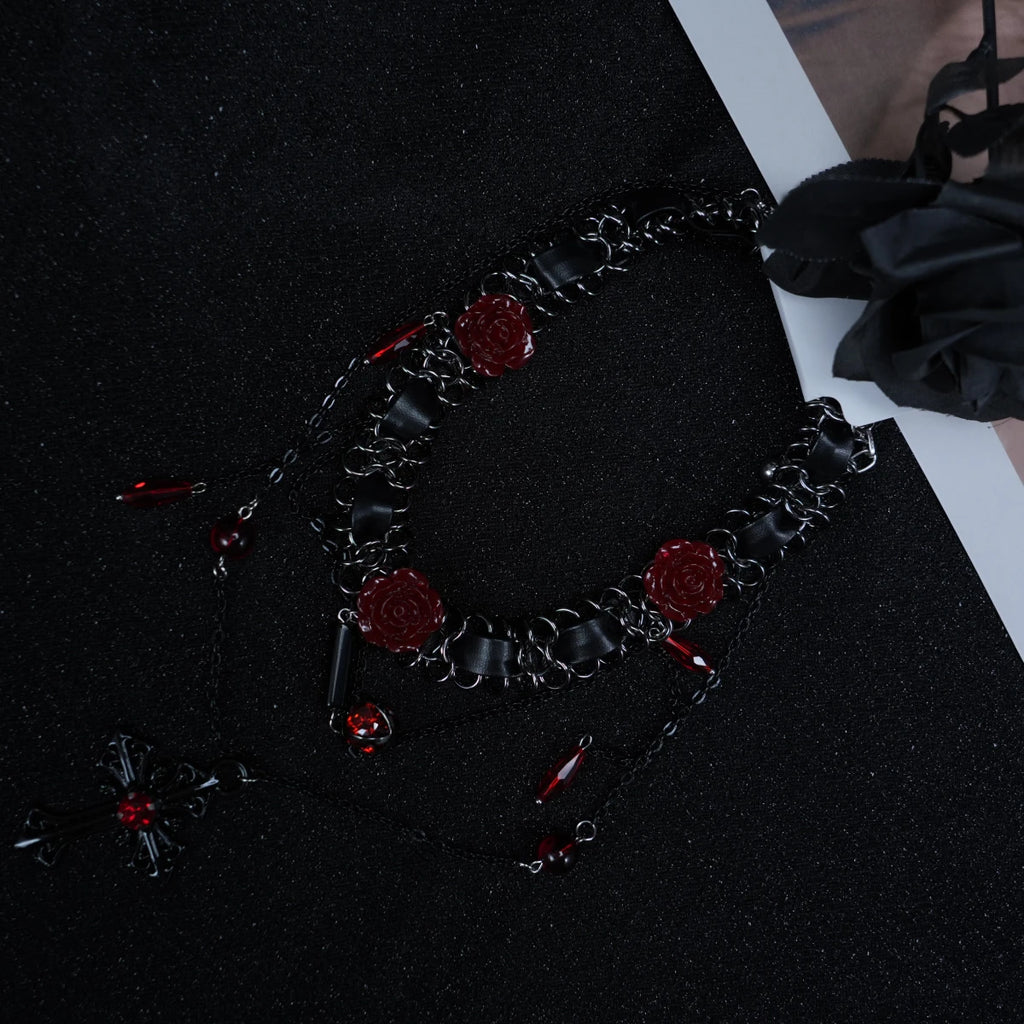 Y2K Gothic Layered Necklace – Silver Chains with Red Roses & Cross Pendant