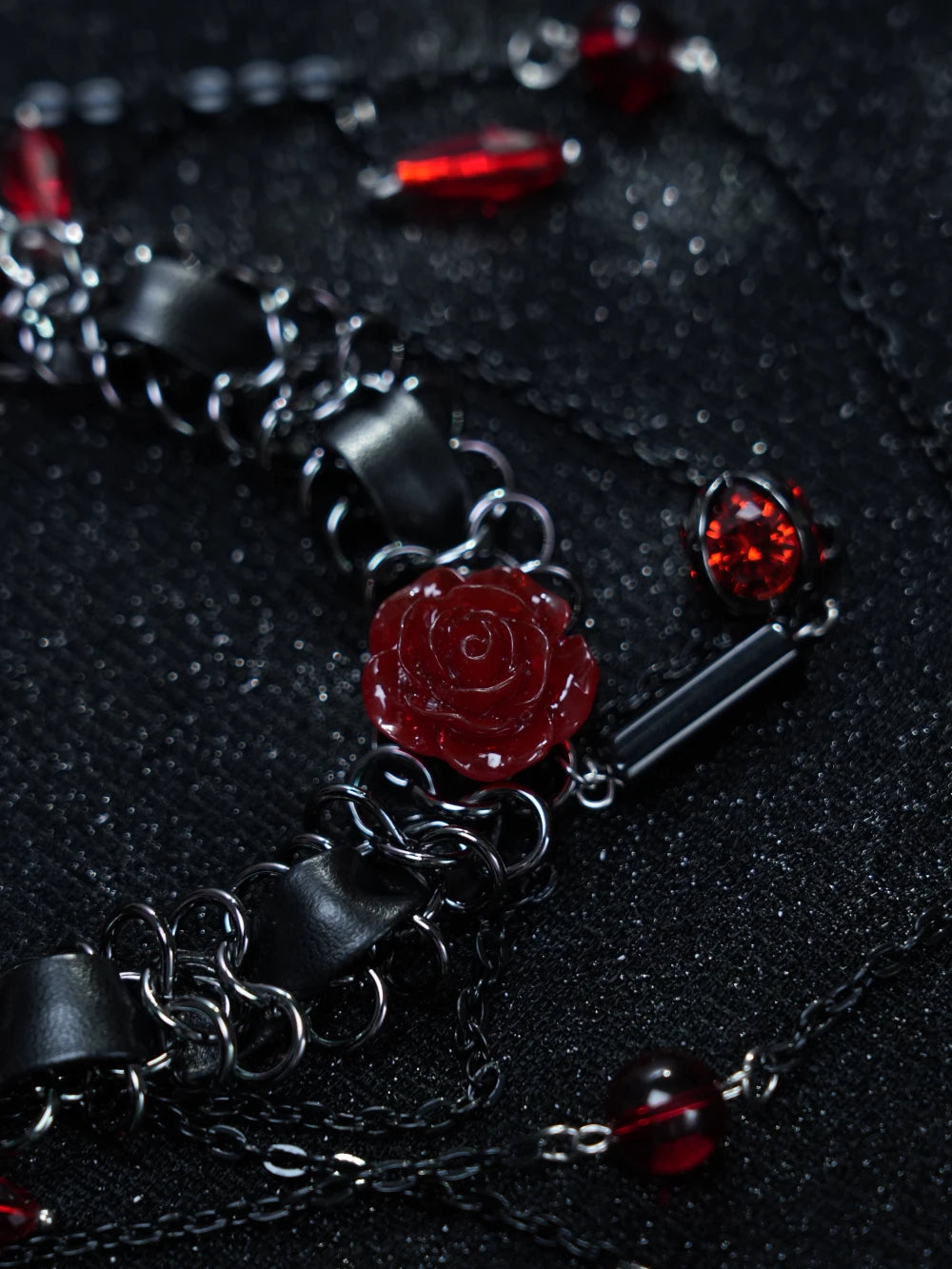 Y2K Gothic Layered Necklace – Silver Chains with Red Roses & Cross Pendant