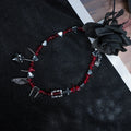 Y2K Red Beaded Gothic Necklace – Silver Charms with Cross, Heart & Leaf Accents
