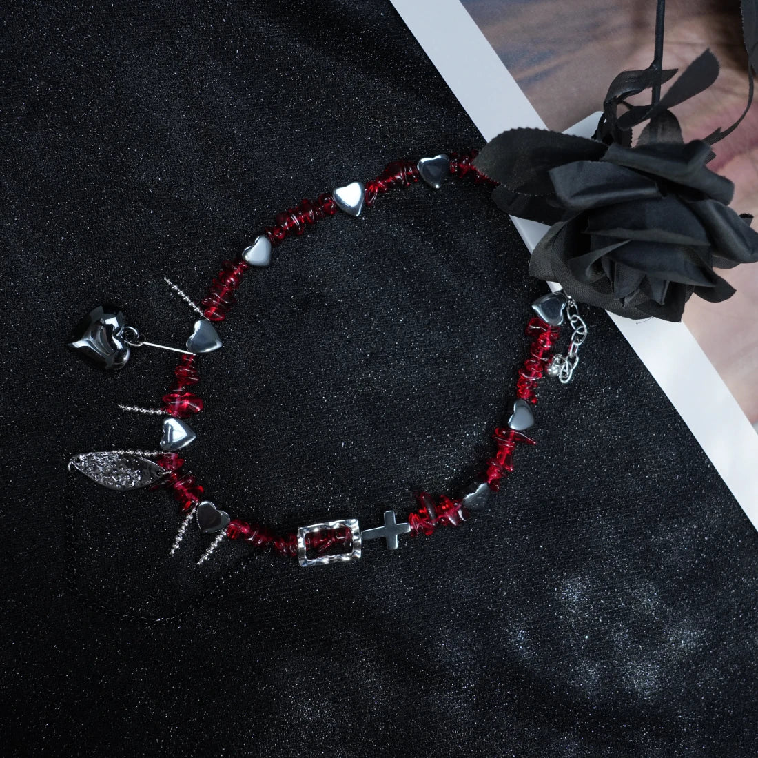 Y2K Red Beaded Gothic Necklace – Silver Charms with Cross, Heart & Leaf Accents