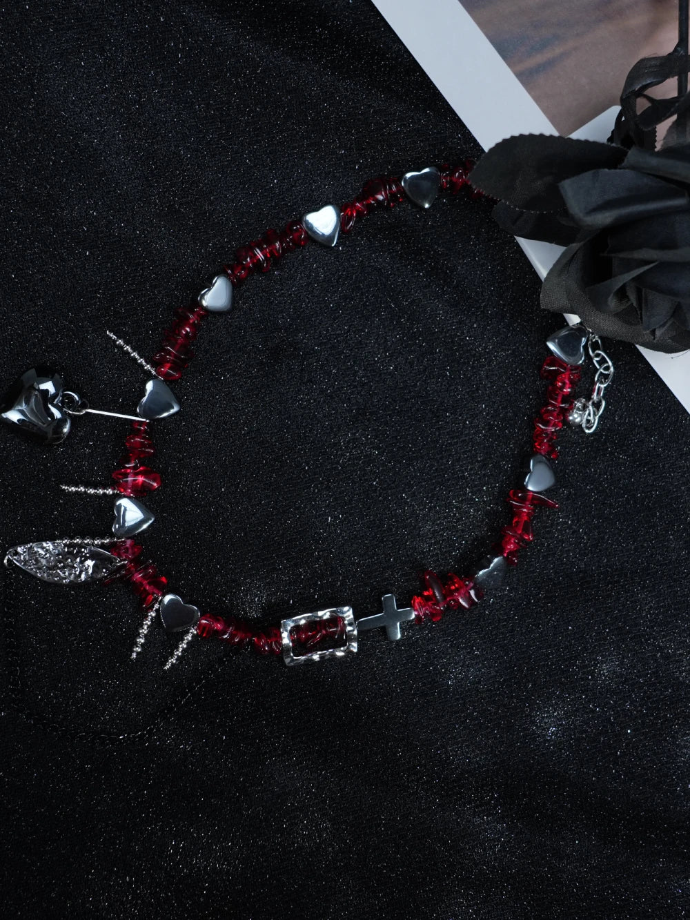 Y2K Red Beaded Gothic Necklace – Silver Charms with Cross, Heart & Leaf Accents